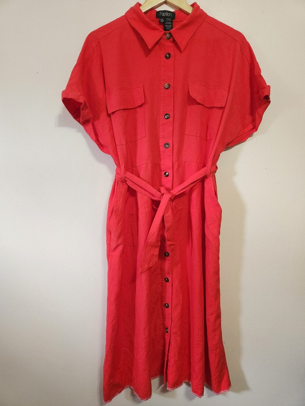 Papillon Red Linen Blend Button Down Utility Midi Shirt Dress Belted Pockets XL